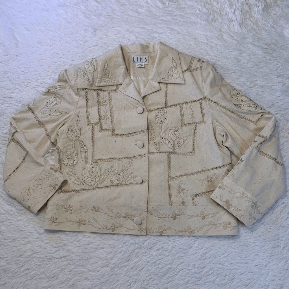 Lim's 100% Silk Embroidered Jacket Womens S Cream Beaded Dressy Evening